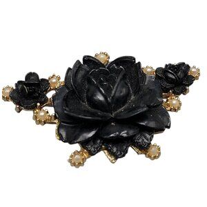 Carved Bakelite Rose Brooch Two Accent Flowers Faux Pearls Gold Tone Setting VTG